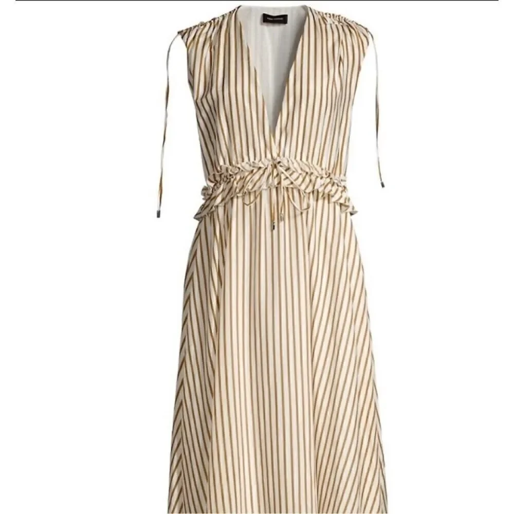 Robert Rodriguez XS Tiered Midi Dress Gold White Stripe Coastal Lagenlook New